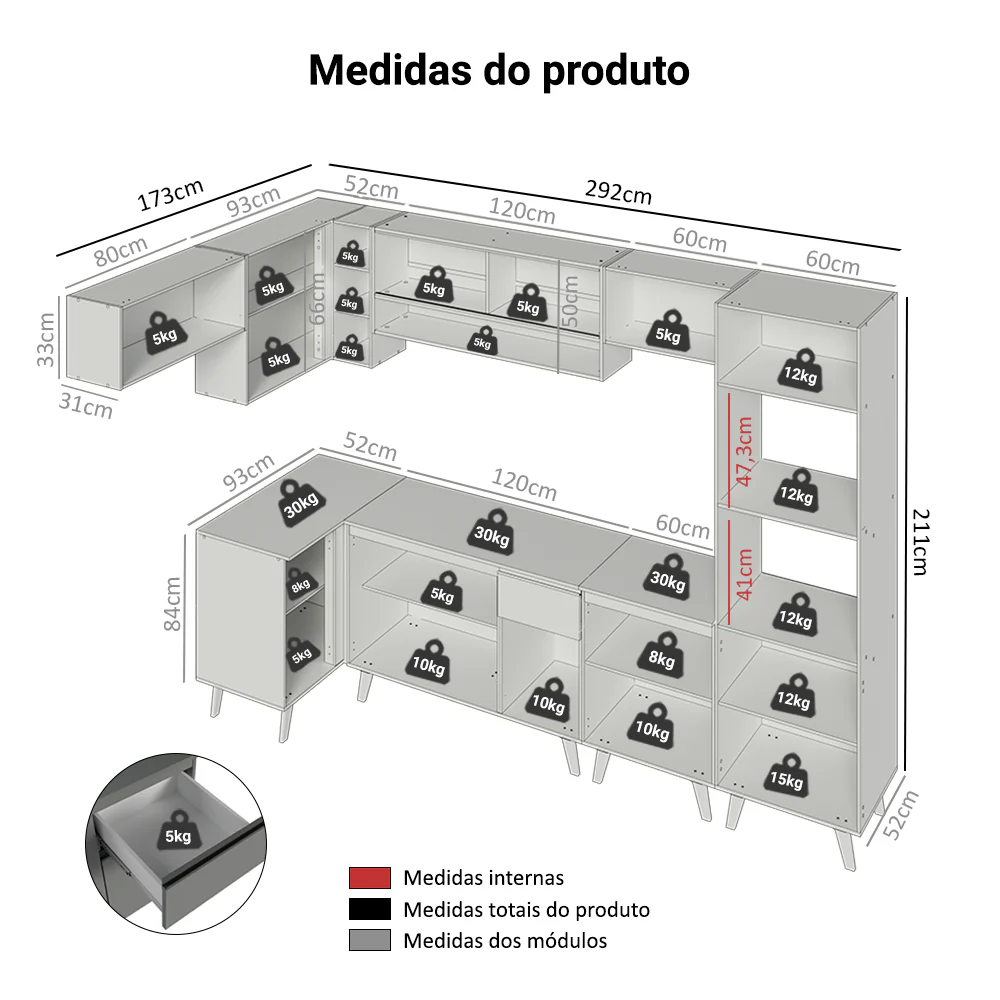 Armário de Cozinha Completa de Canto 465cm Cinza Nice Madesa 05 - Image 3