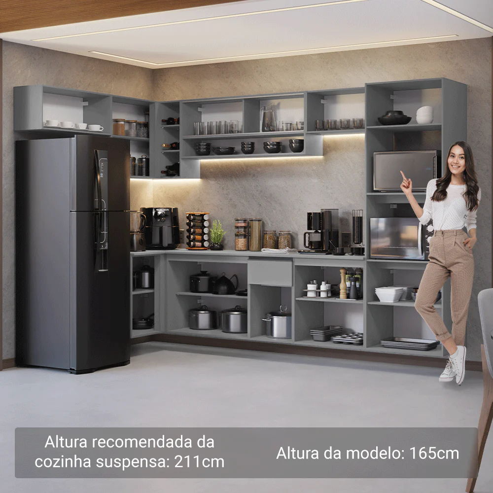Armário de Cozinha Completa de Canto Suspenso 465cm Cinza Nice Madesa 02 - Image 5