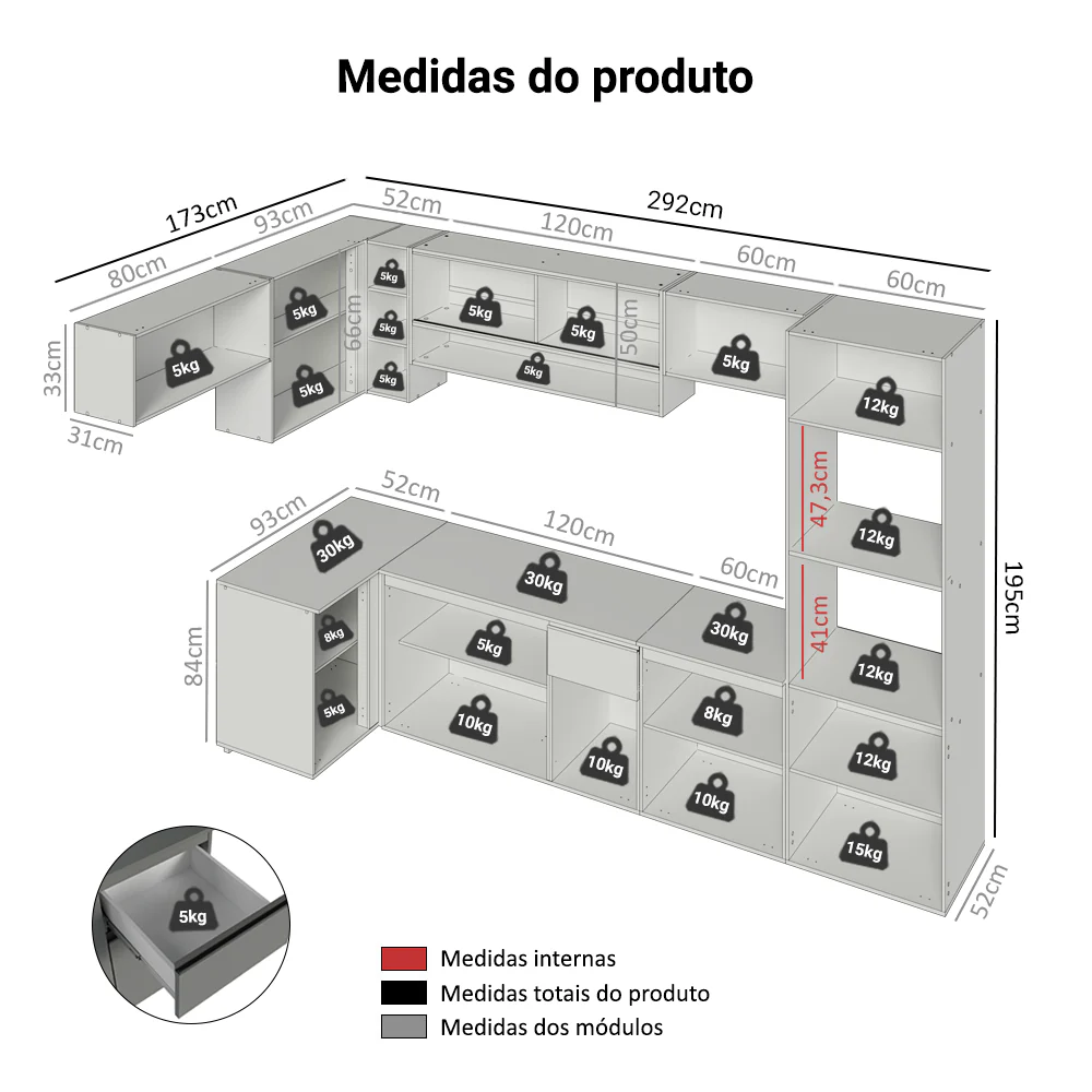 Armário de Cozinha Completa de Canto Suspenso 465cm Cinza Nice Madesa 03 - Image 3