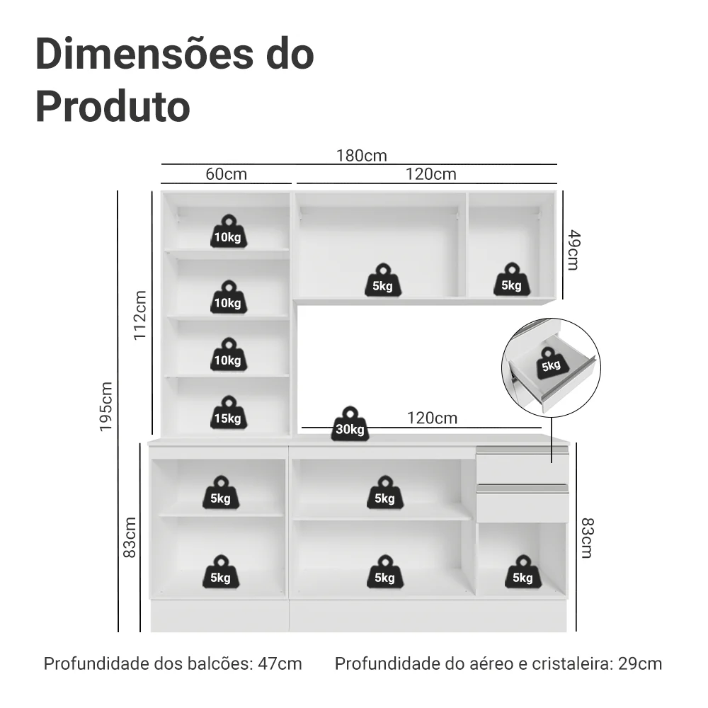 Armário de Cozinha Compacta 100% MDF 180 cm Branco Smart Madesa 03 - Image 3