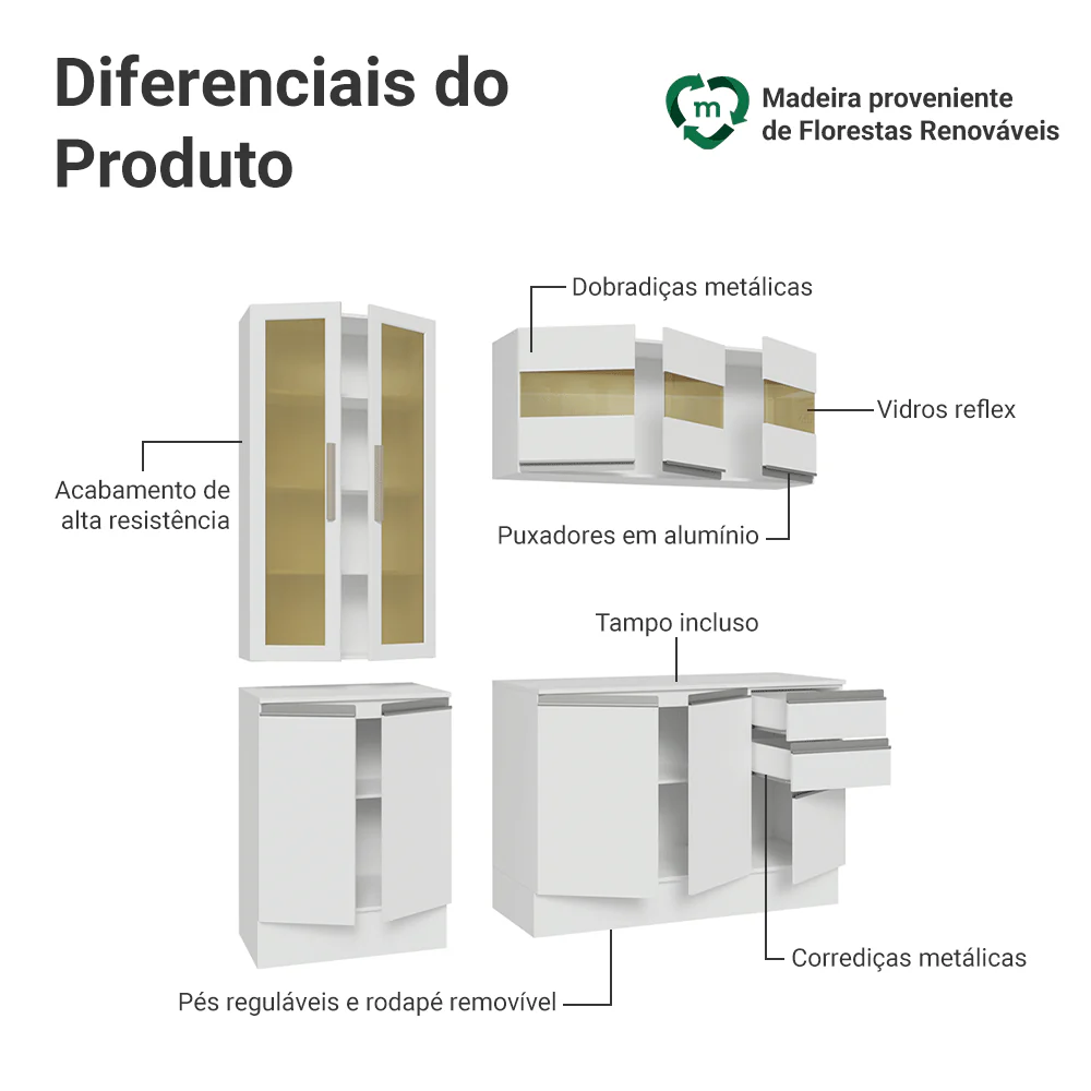 Armário de Cozinha Compacta 100% MDF 180 cm Branco Smart Madesa 03 - Image 4