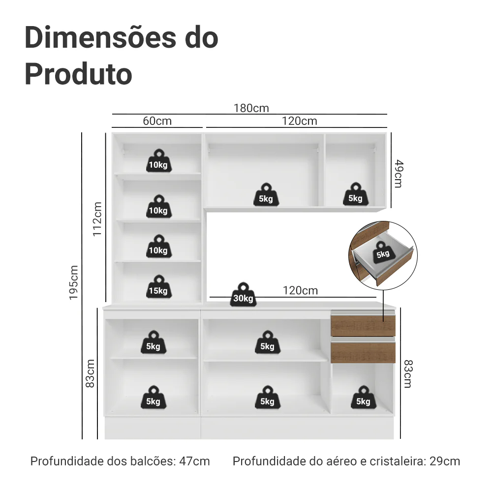 Armário de Cozinha Compacta 100% MDF 180 cm Branco/Rustic/Crema Smart Madesa 03 - Image 3