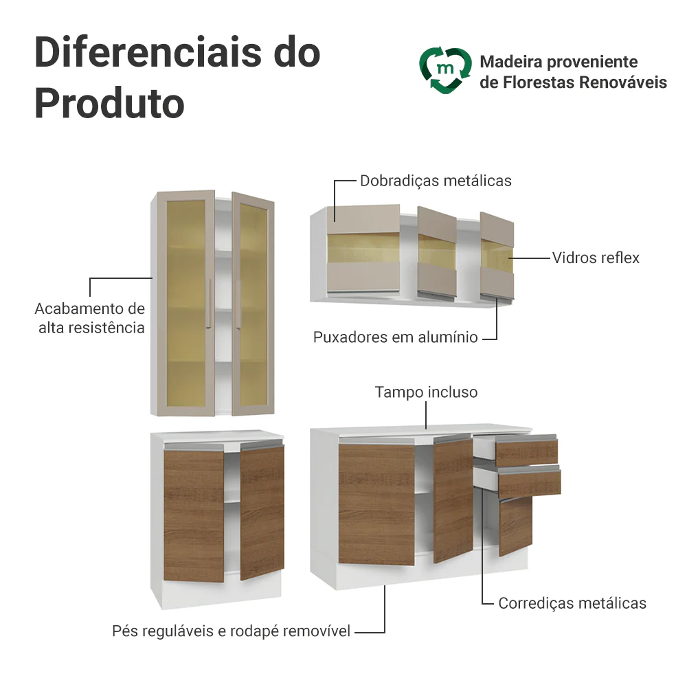 Armário de Cozinha Compacta 100% MDF 180 cm Branco/Rustic/Crema Smart Madesa 03 - Image 4