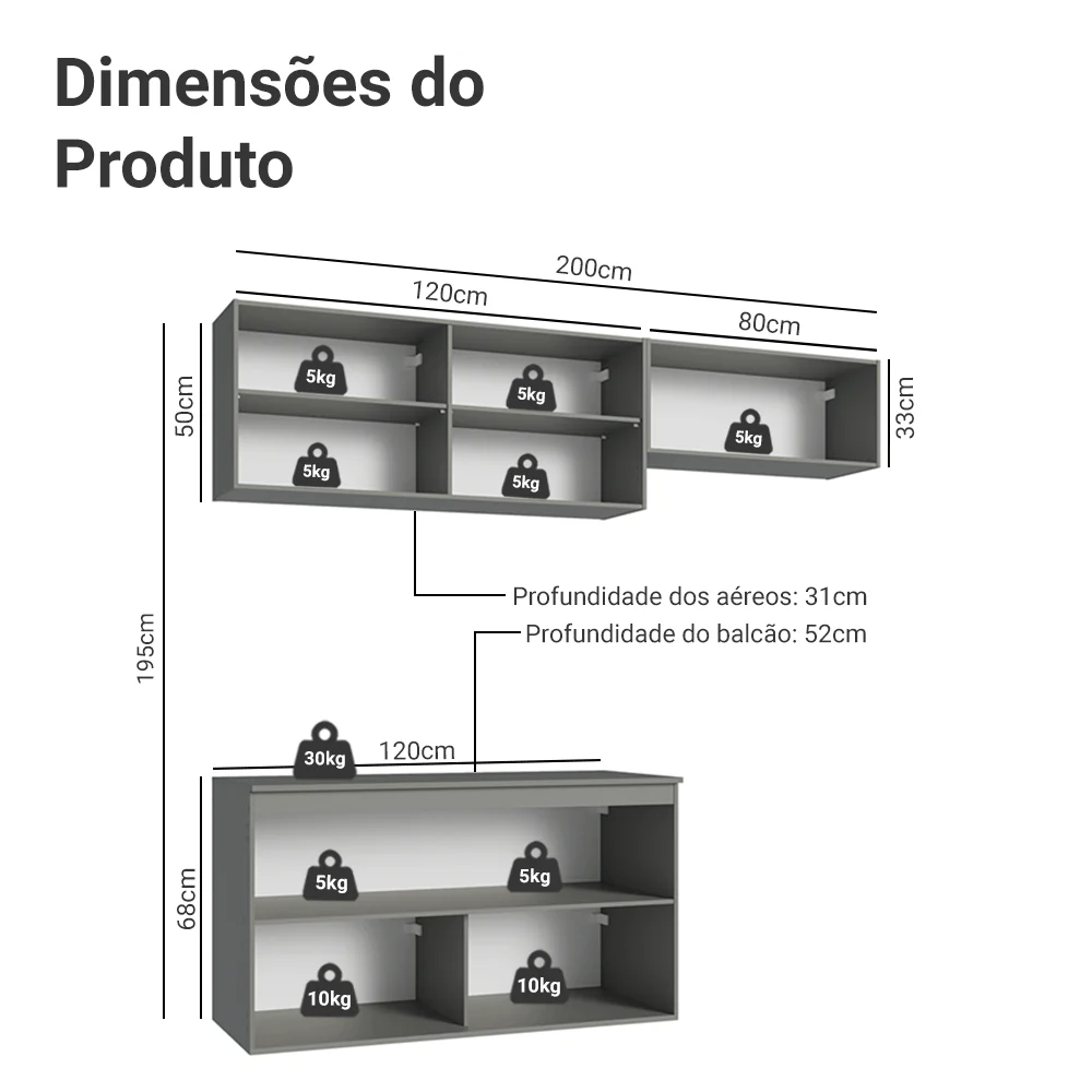 Armário de Cozinha Compacta Suspenso 200cm Cinza Nice Madesa 02 - Image 3