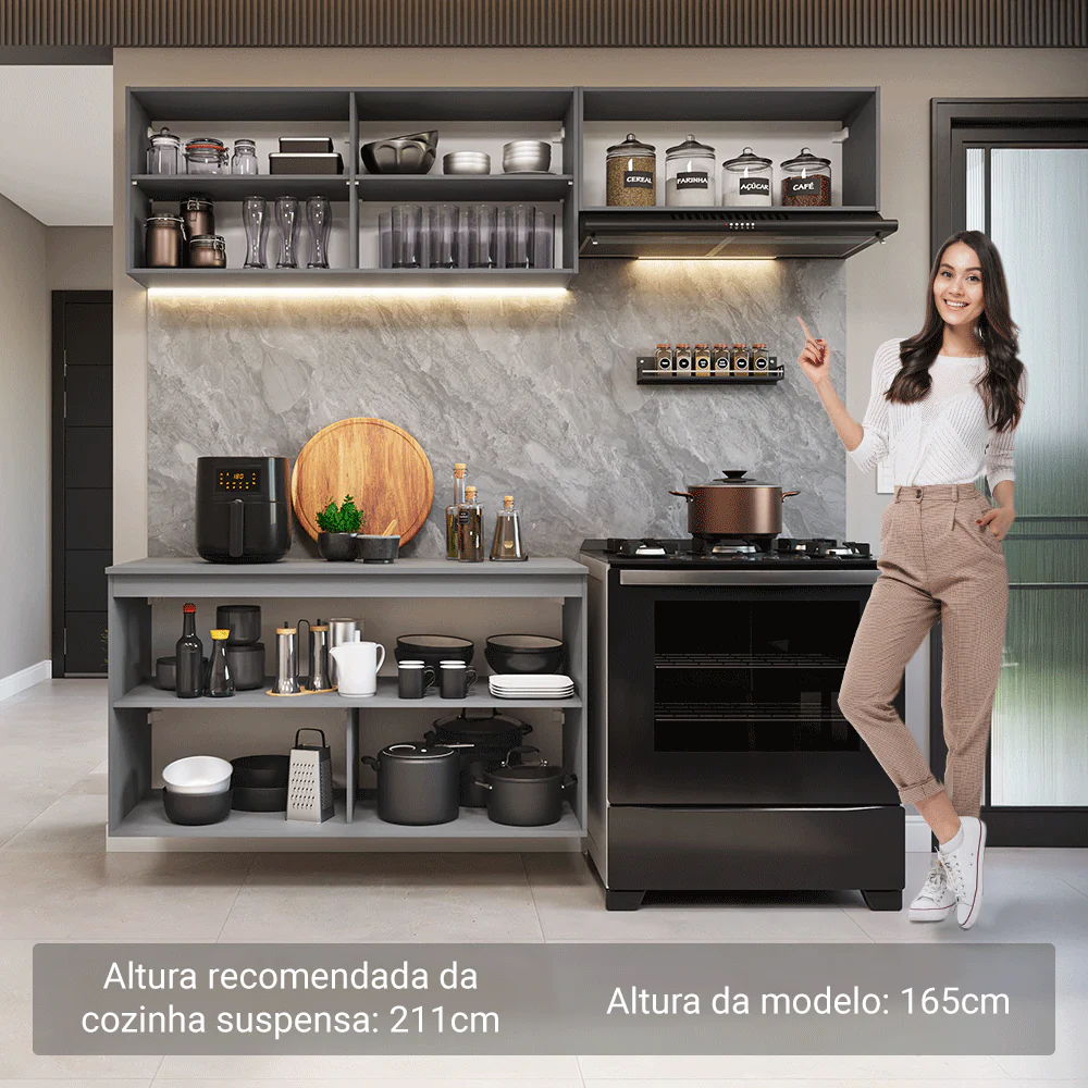 Armário de Cozinha Compacta Suspenso 200cm Cinza Nice Madesa 02 - Image 5