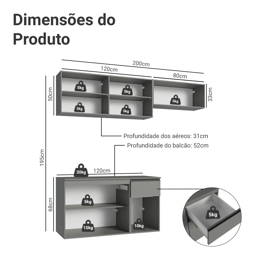 Armário de Cozinha Compacta Suspenso 200cm Cinza Nice Madesa 04 - Image 3