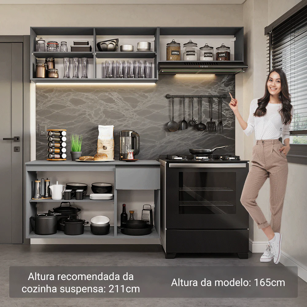Armário de Cozinha Compacta Suspenso 200cm Cinza Nice Madesa 04 - Image 5