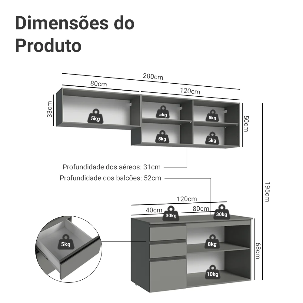 Armário de Cozinha Compacta Suspenso 200cm Cinza Nice Madesa 05 - Image 3