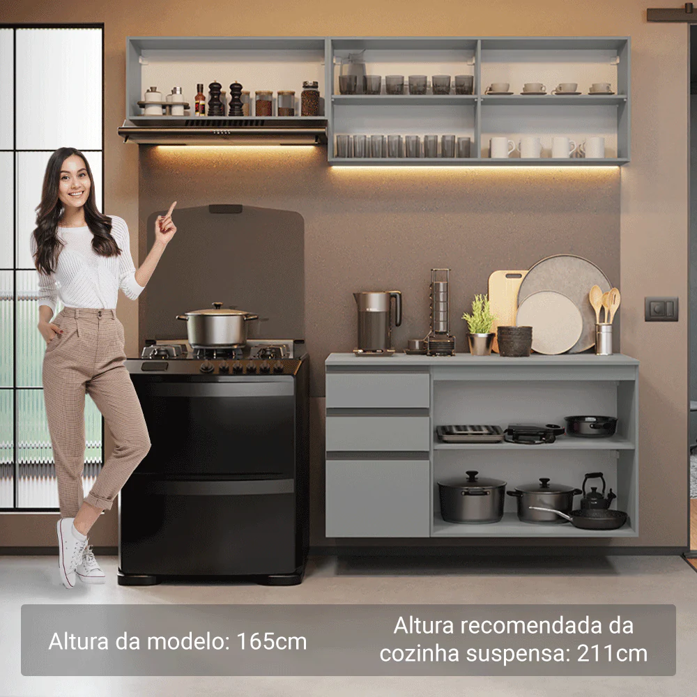 Armário de Cozinha Compacta Suspenso 200cm Cinza Nice Madesa 05 - Image 5