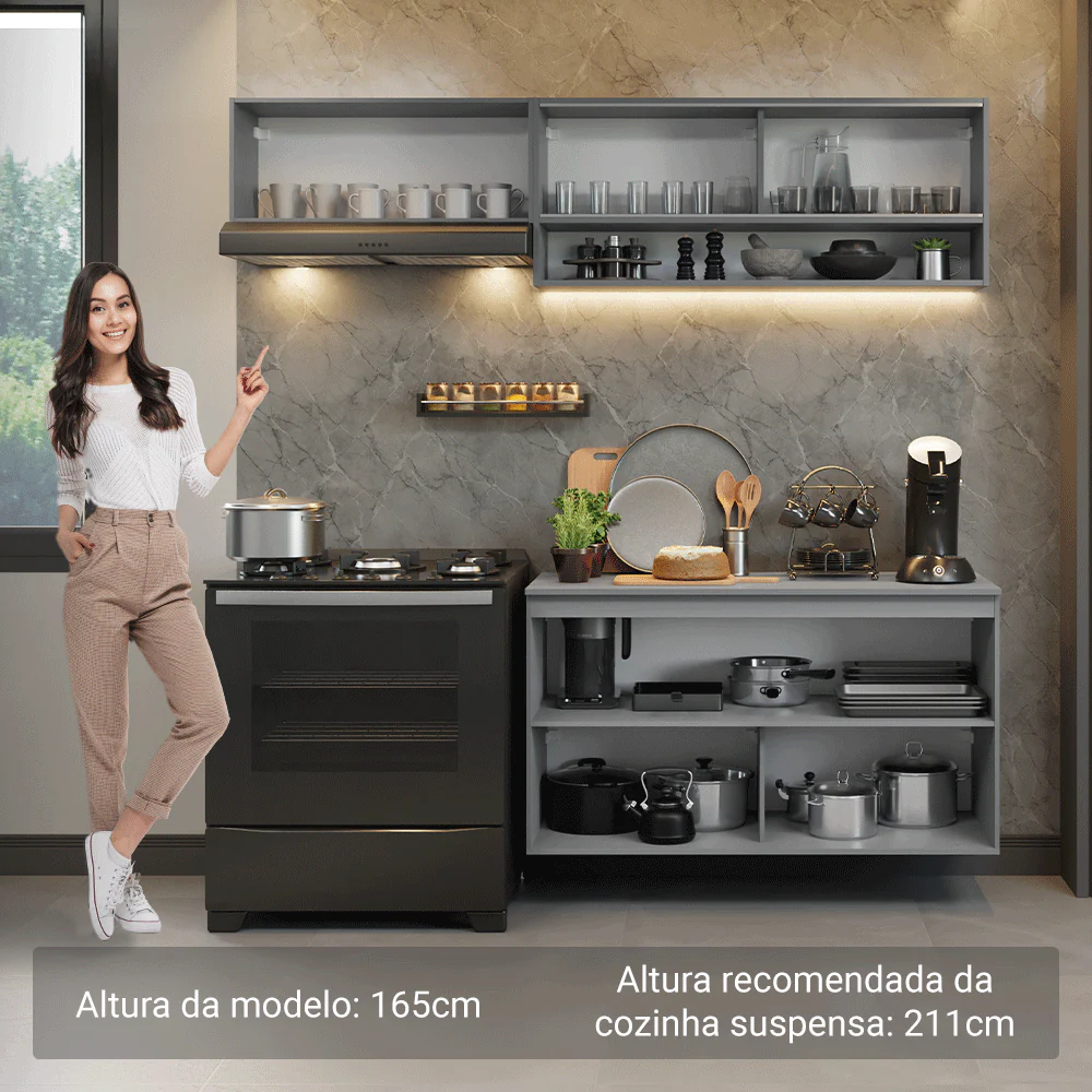 Armário de Cozinha Compacta Suspenso 200cm Cinza Nice Madesa 07 - Image 5