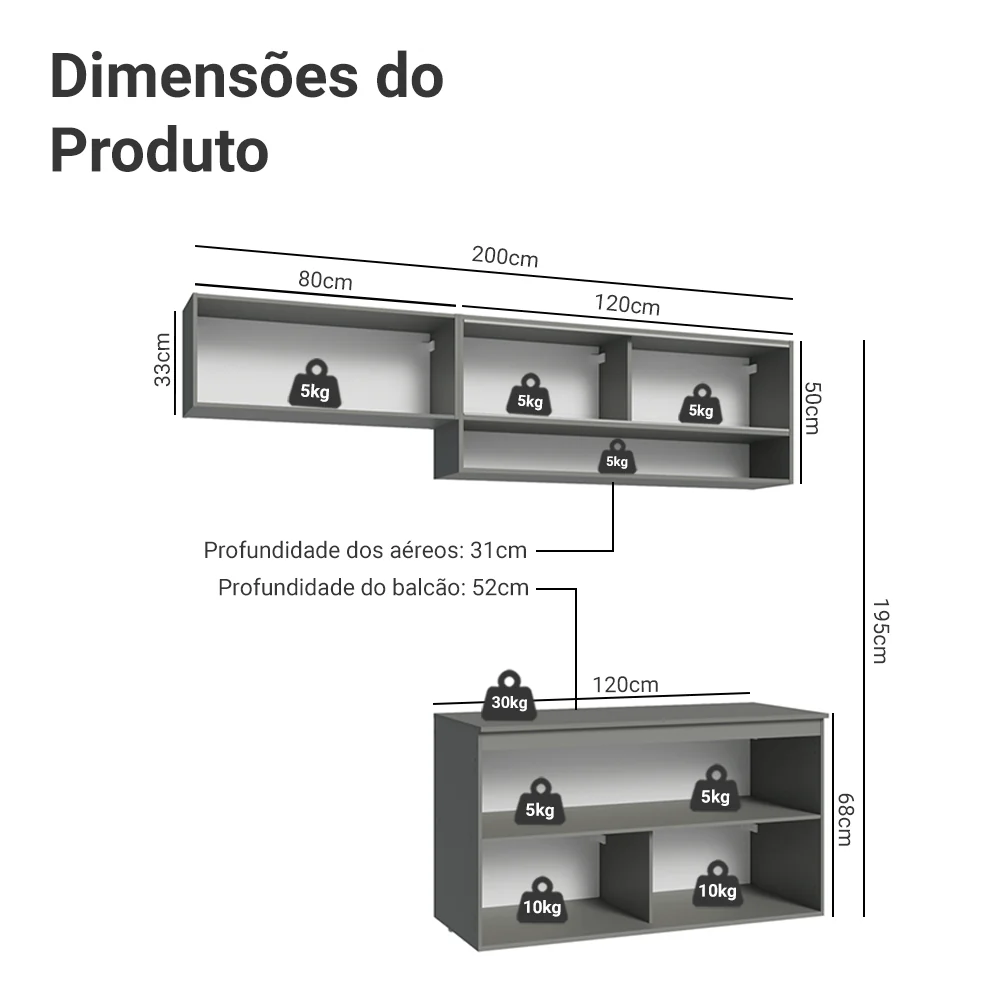 Armário de Cozinha Compacta Suspenso 200cm Cinza Nice Madesa 08 - Image 3