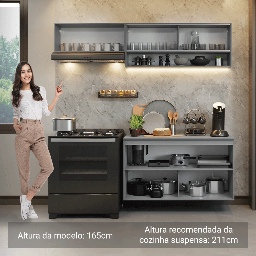 Armário de Cozinha Compacta Suspenso 200cm Cinza Nice Madesa 08 - Image 5