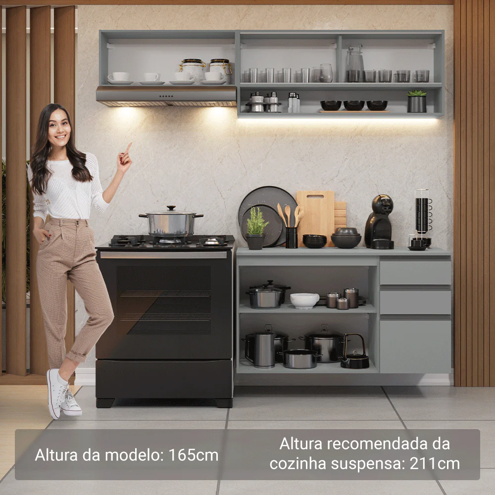 Armário de Cozinha Compacta Suspenso 200cm Cinza Nice Madesa 11 - Image 5