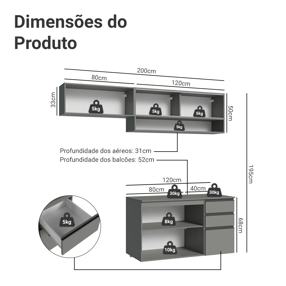 Armário de Cozinha Compacta Suspenso 200cm Cinza Nice Madesa 12 - Image 3
