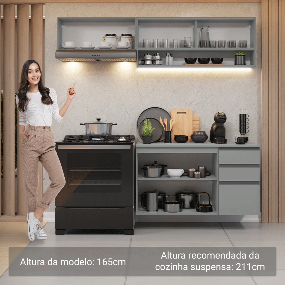Armário de Cozinha Compacta Suspenso 200cm Cinza Nice Madesa 12 - Image 5