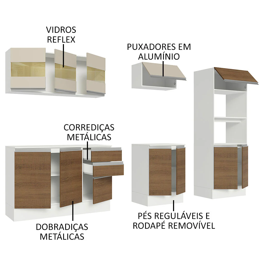 Armário de Cozinha Completa 100% MDF 250 cm Branco/Rustic/Crema Smart Madesa 02 - Image 4