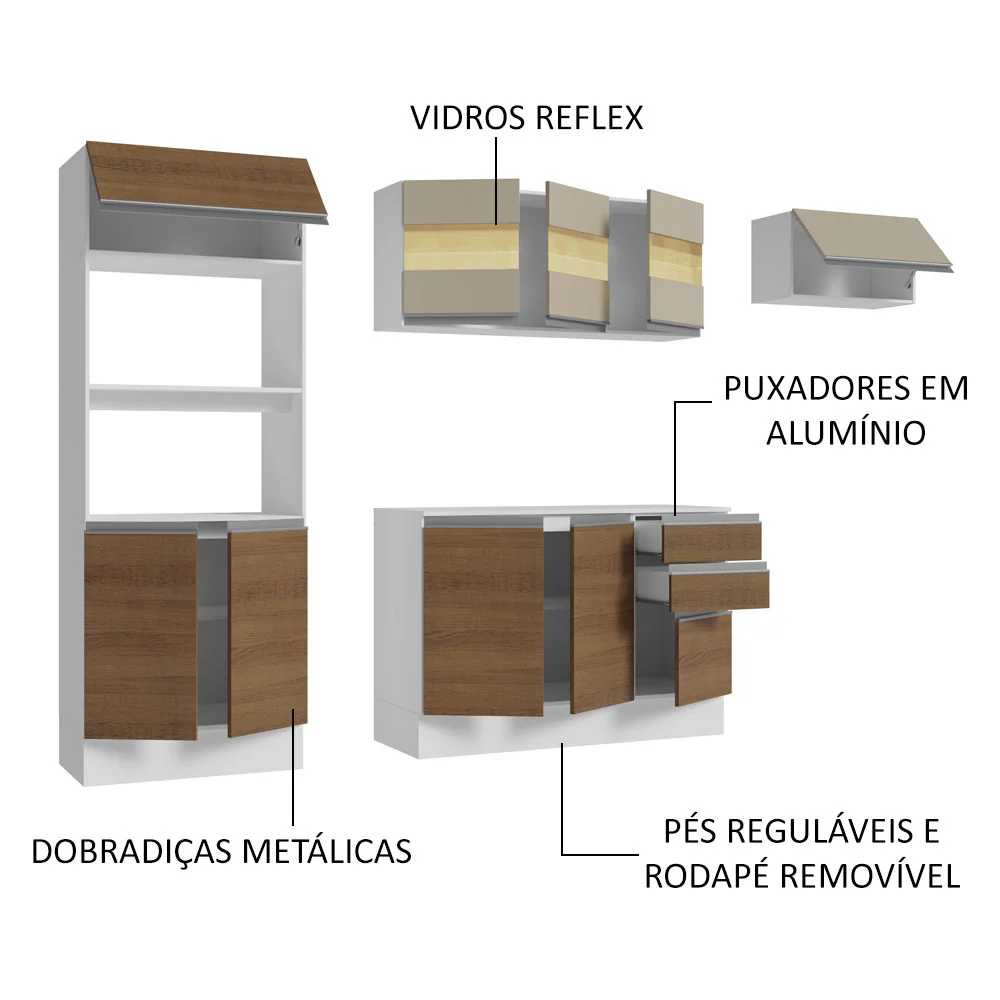 Armário de Cozinha Completa 100% MDF 250cm Branco/Rustic/Crema Smart Madesa 03 - Image 4