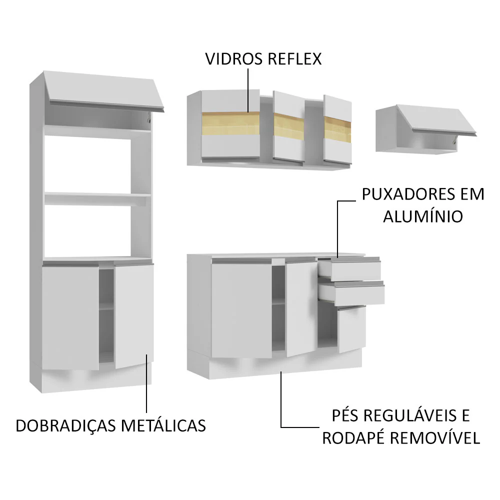 Armário de Cozinha Completa 100% MDF 250cm Branco Smart Madesa 03 - Image 4
