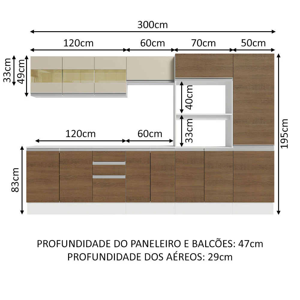 Armário de Cozinha Completa 100% MDF 300cm Branco/Rustic/Crema Smart Madesa 02 - Image 3
