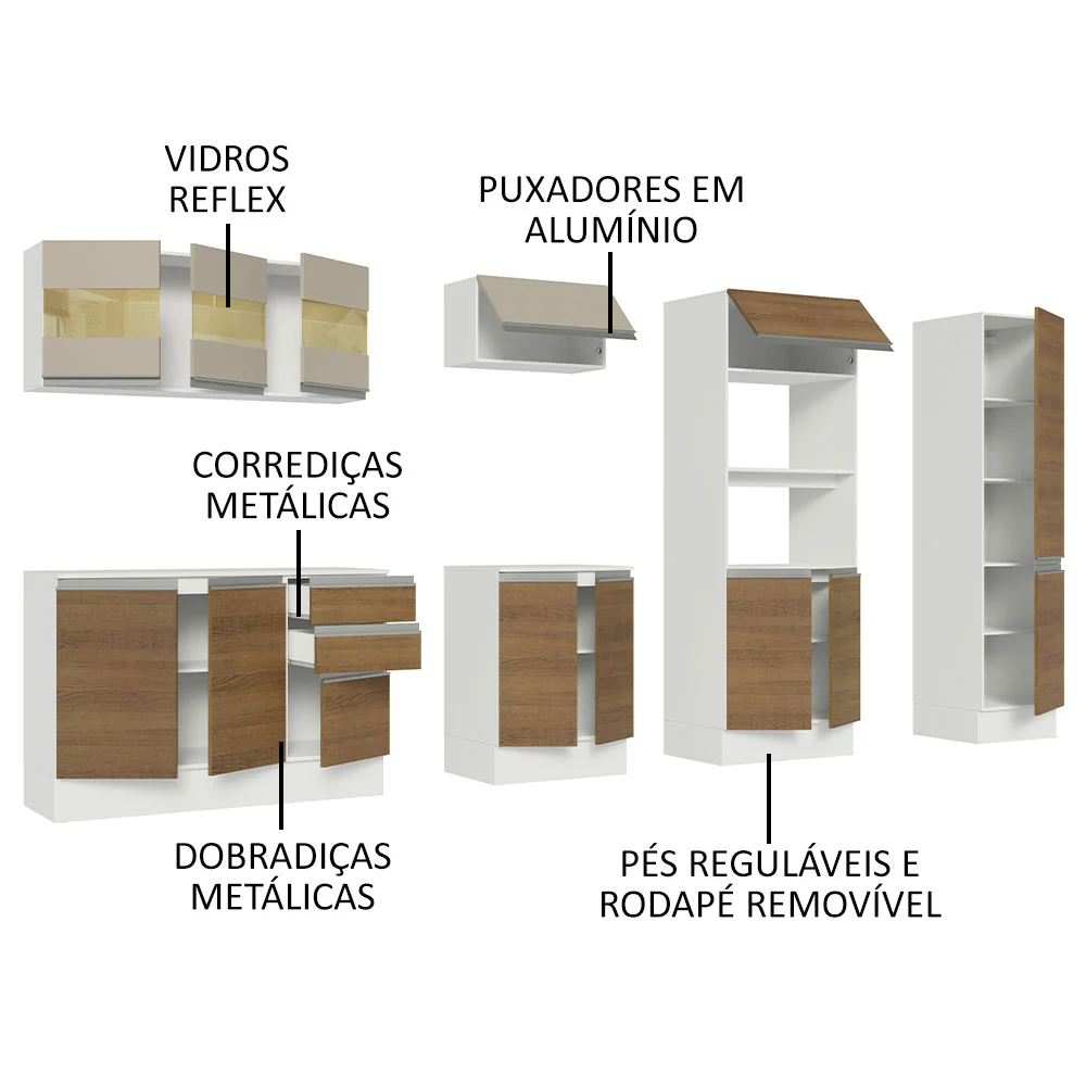 Armário de Cozinha Completa 100% MDF 300cm Branco/Rustic/Crema Smart Madesa 02 - Image 4