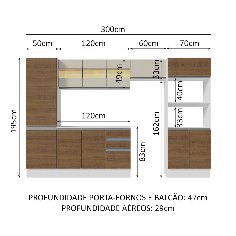 Armário de Cozinha Completa 100% MDF 300cm Branco/Rustic/Crema Smart Madesa 03 - Image 3