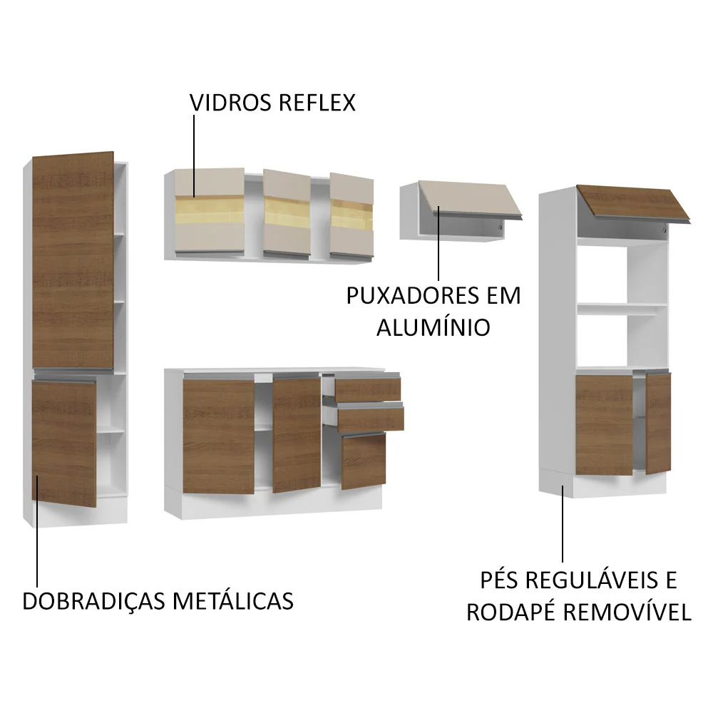 Armário de Cozinha Completa 100% MDF 300cm Branco/Rustic/Crema Smart Madesa 03 - Image 4