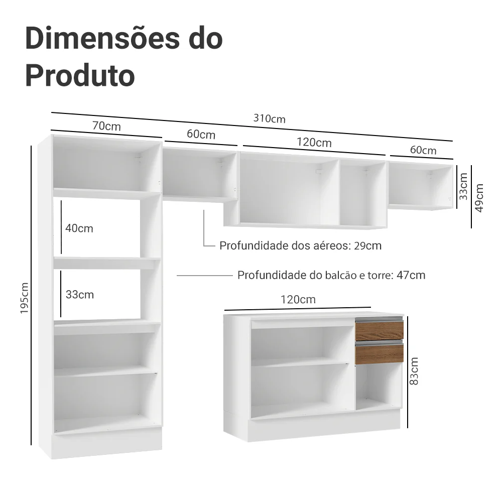 Armário de Cozinha Completa 100% MDF 310 cm Branco/Rustic/Crema Smart 01 - Image 3