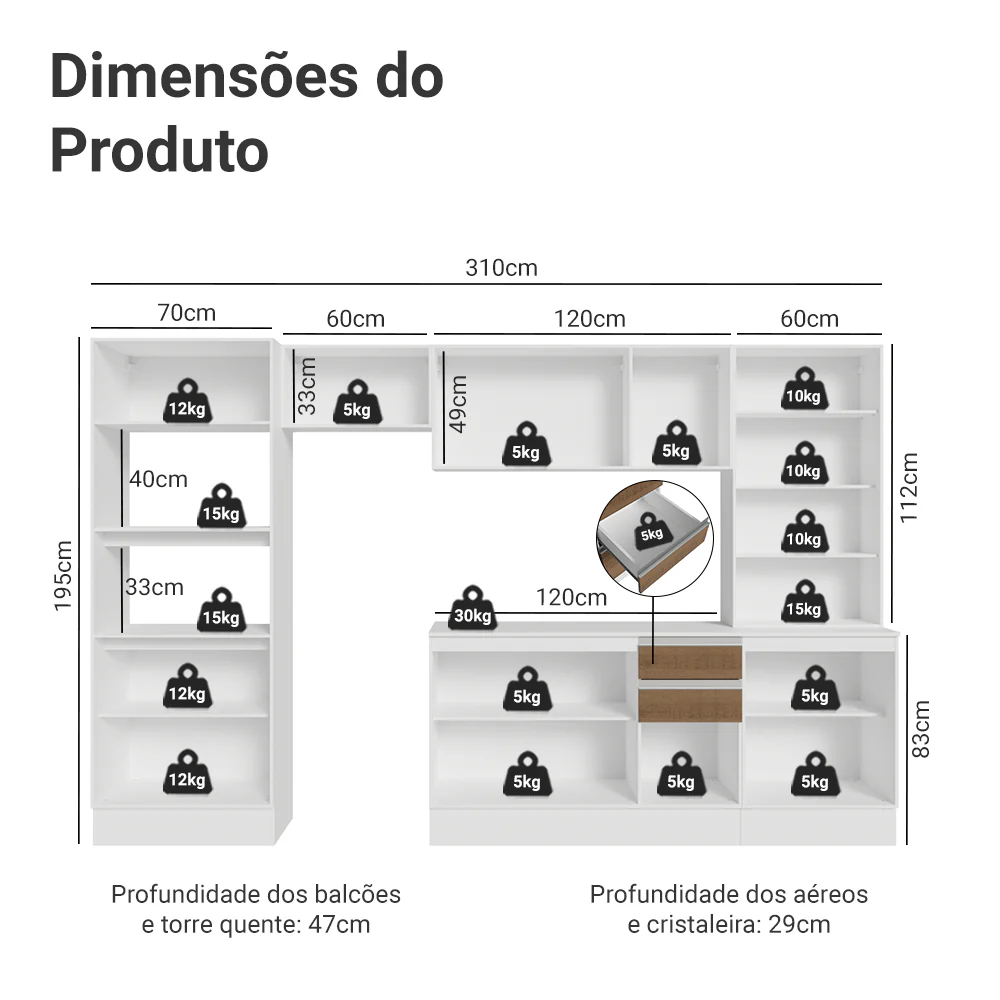 Armário de Cozinha Completa 100% MDF 310 cm Branco/Rustic/Crema Smart Madesa 04 - Image 3