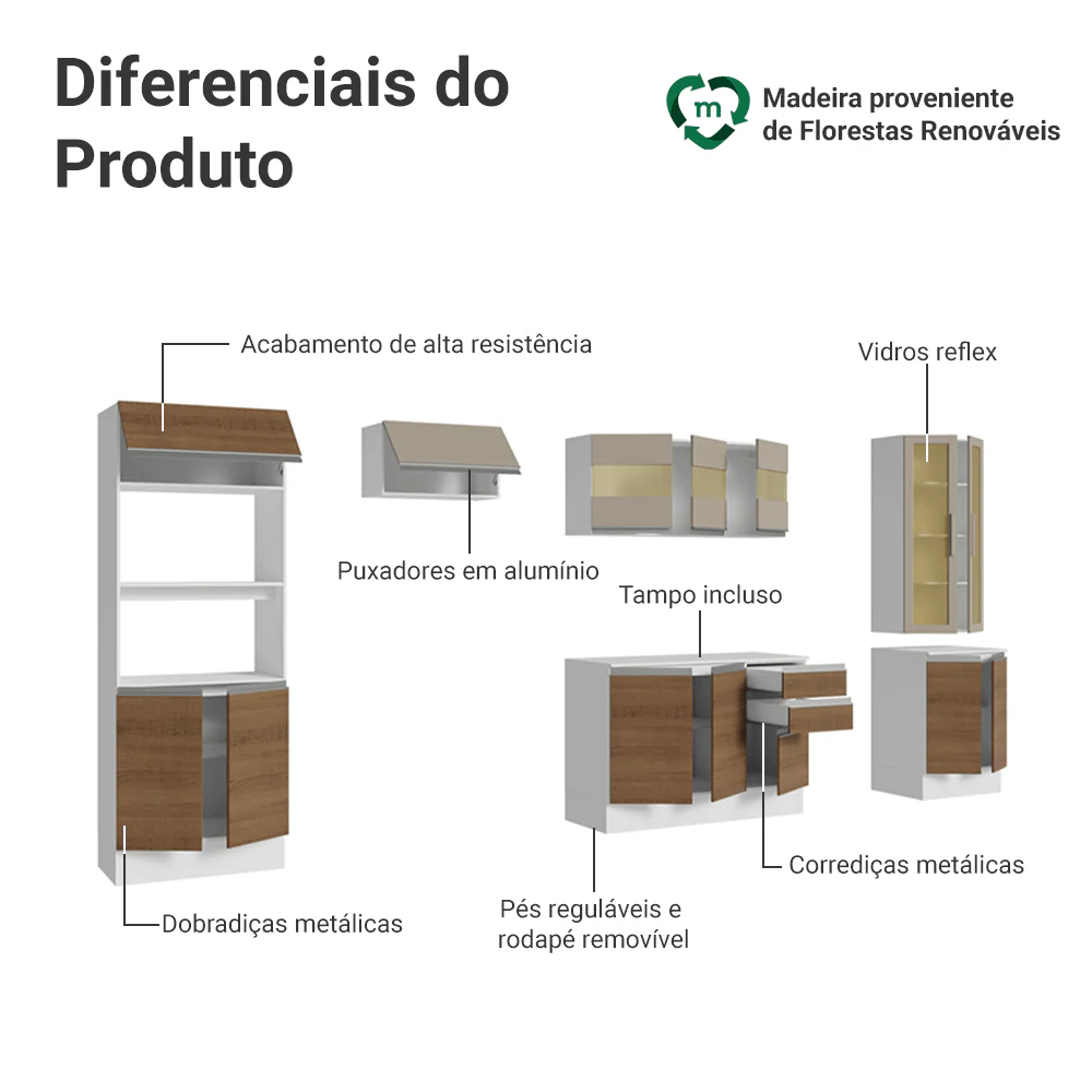 Armário de Cozinha Completa 100% MDF 310 cm Branco/Rustic/Crema Smart Madesa 04 - Image 4