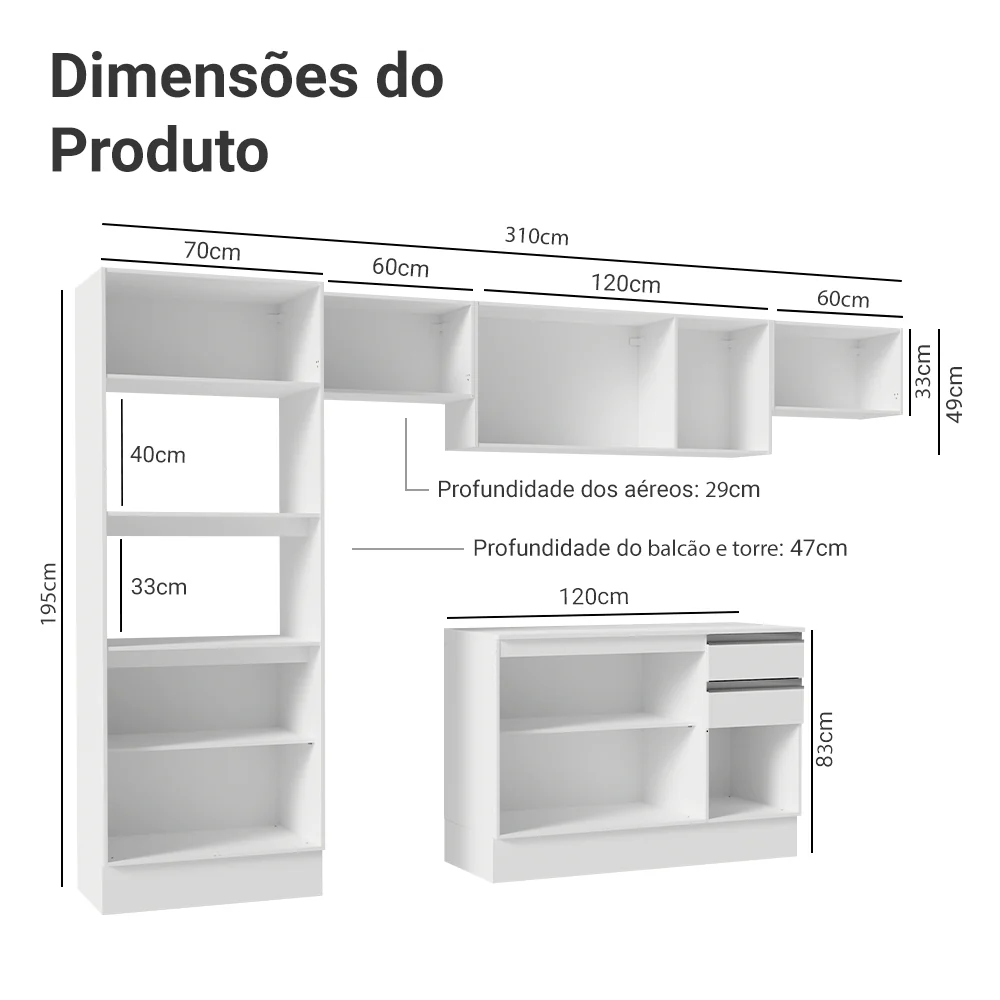 Armário de Cozinha Completa 100% MDF 310 cm Branco Smart 01 - Image 3