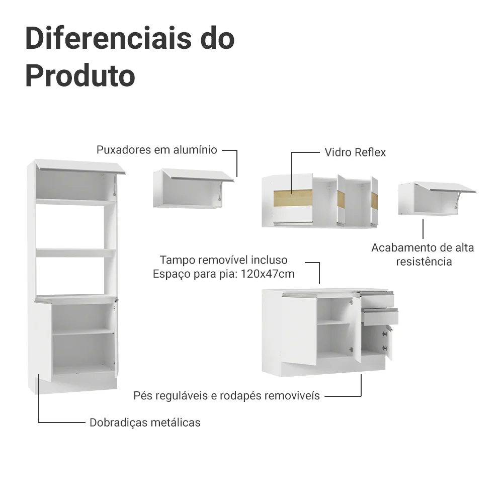 Armário de Cozinha Completa 100% MDF 310 cm Branco Smart 01 - Image 5