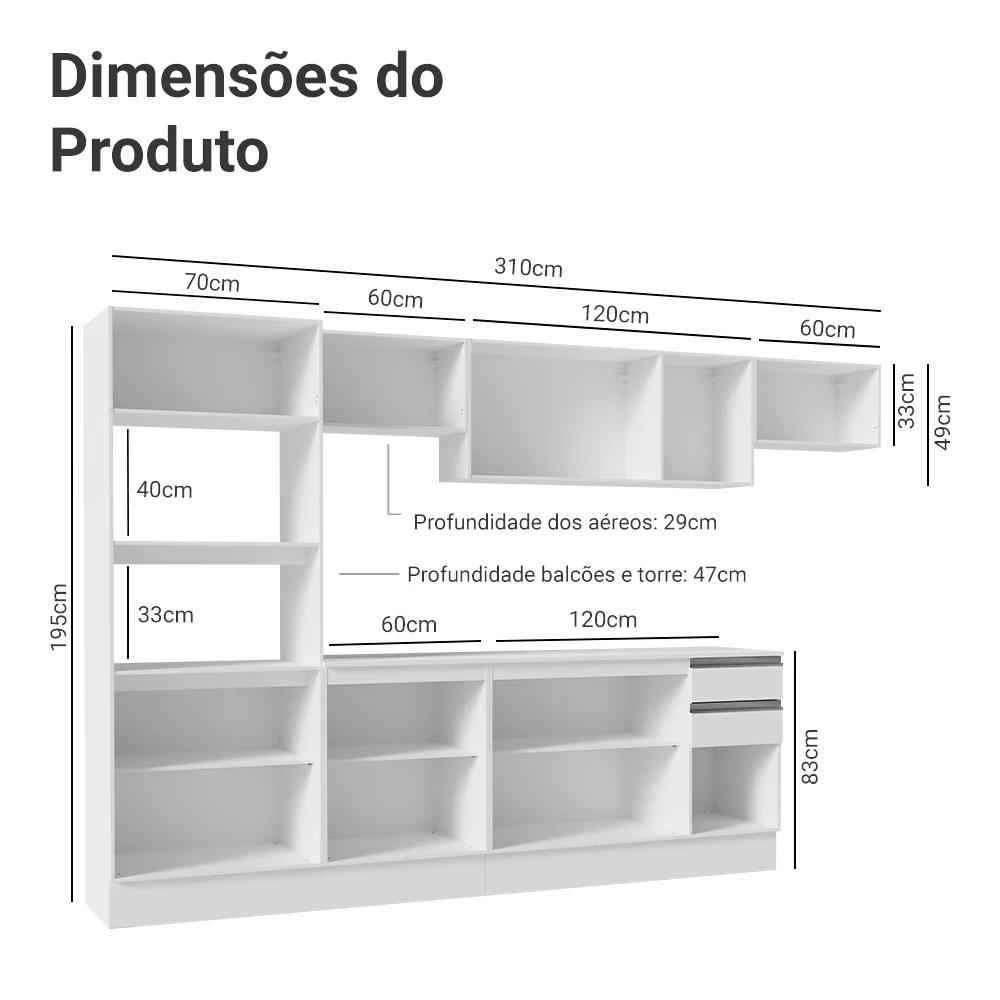 Armário de Cozinha Completa 100% MDF 310 cm Branco Smart 02 - Image 3
