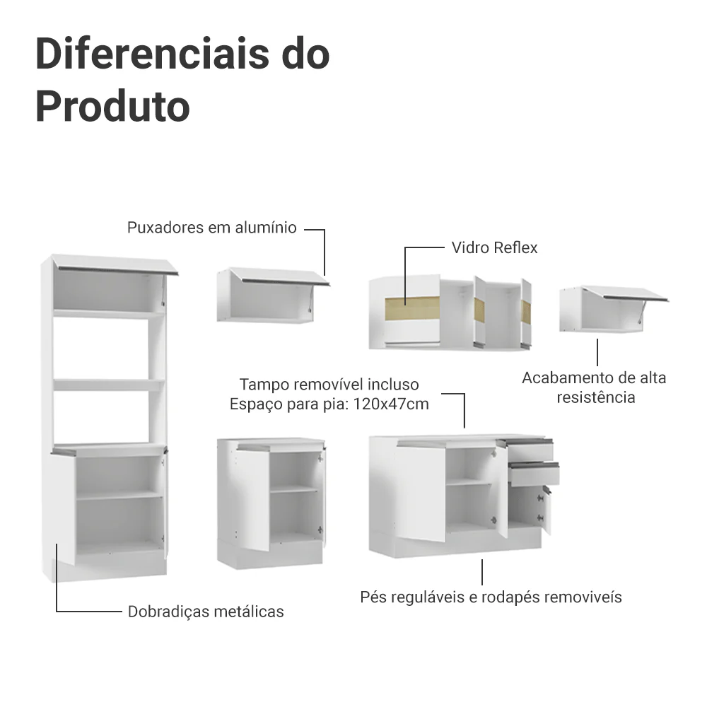 Armário de Cozinha Completa 100% MDF 310 cm Branco Smart 02 - Image 5