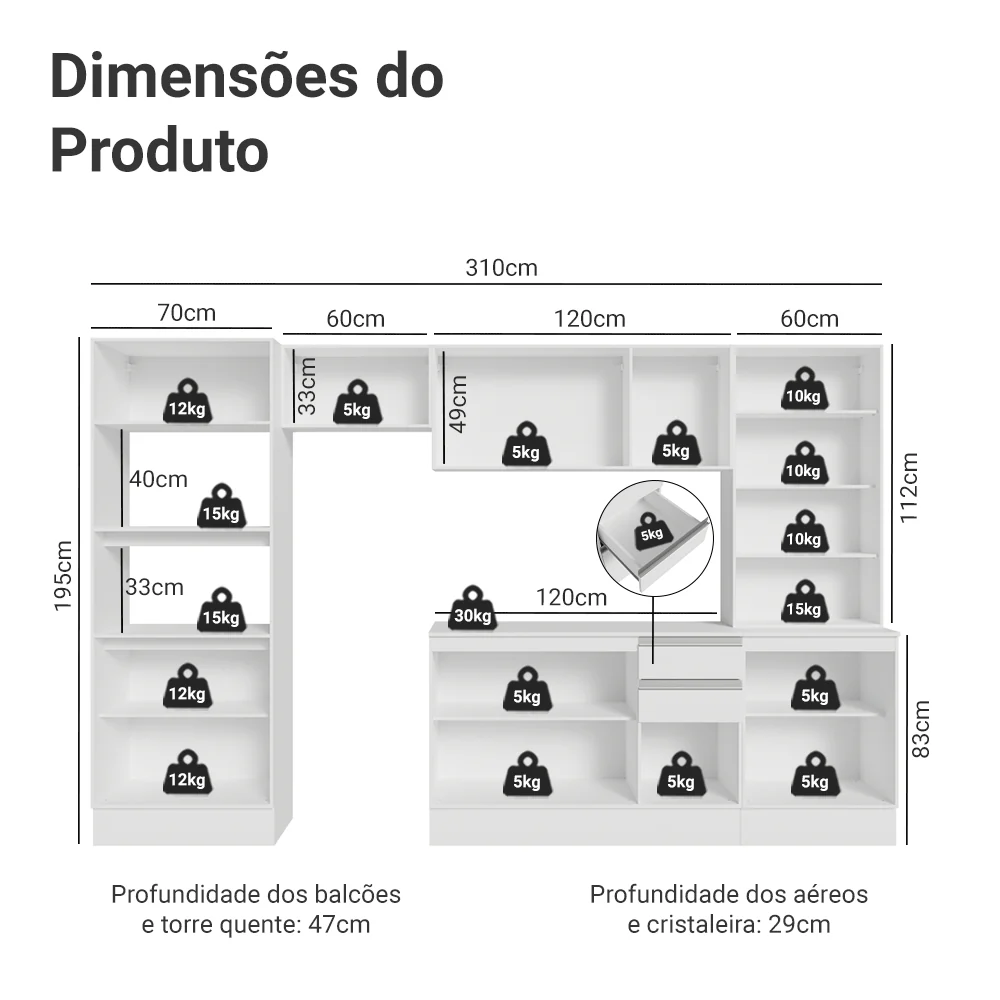 Armário de Cozinha Completa 100% MDF 310 cm Branco Smart Madesa 04 - Image 3