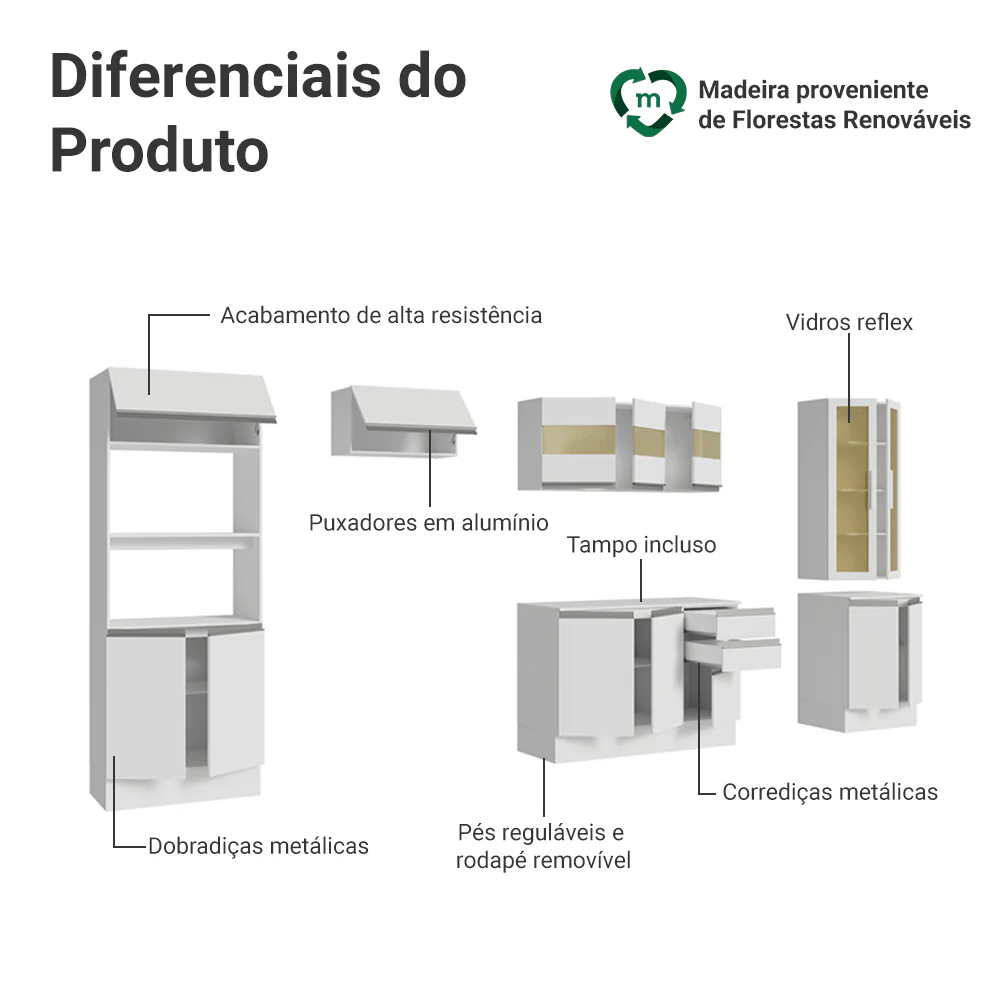 Armário de Cozinha Completa 100% MDF 310 cm Branco Smart Madesa 04 - Image 4