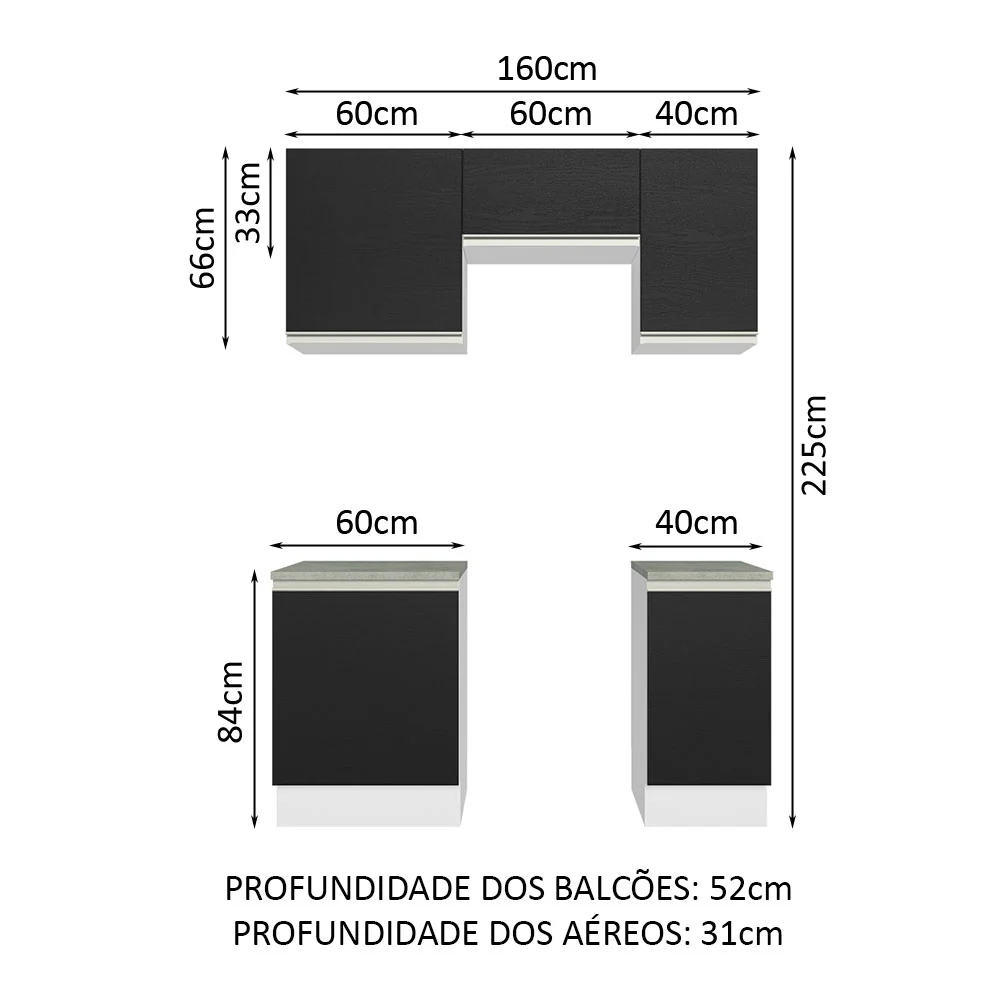 Armário de Cozinha Compacta 160cm Branco/Preto Glamy Madesa 07 - Image 3