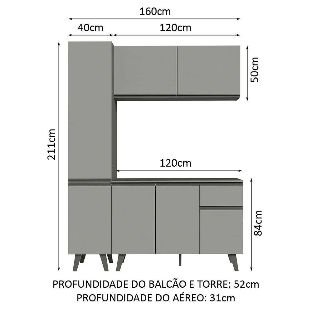 Armário de Cozinha Compacta 160cm Cinza Nice Madesa 01 - Image 3