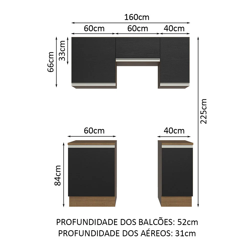 Armário de Cozinha Compacta 160cm Rustic/Preto Glamy Madesa 07 - Image 3