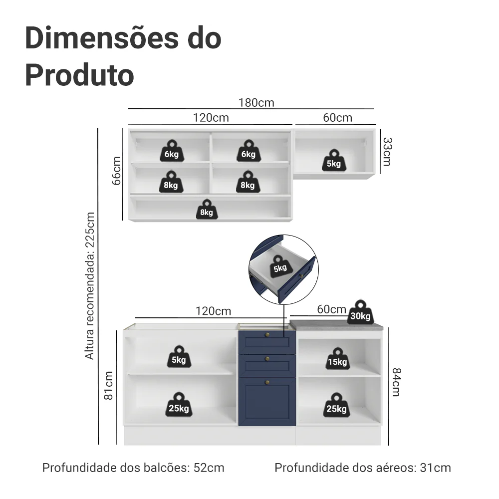 Armário de Cozinha Completa 180 cm Branco/Azul Vik Madesa 05 - Image 3