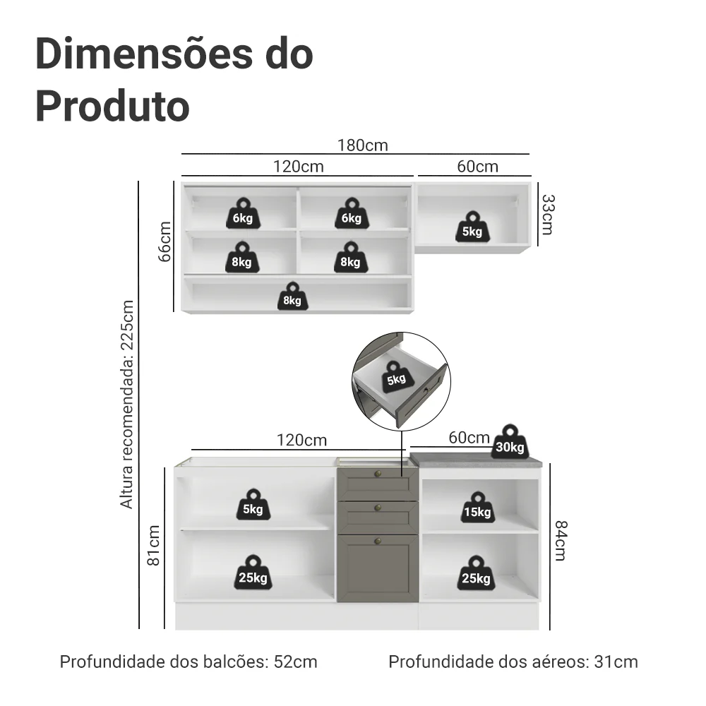 Armário de Cozinha Completa 180 cm Branco/Cinza Vik Madesa 05 - Image 3