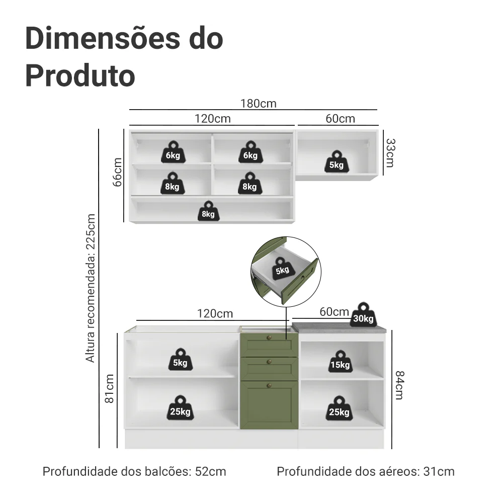 Armário de Cozinha Completa 180 cm Branco/Verde Vik Madesa 05 - Image 3