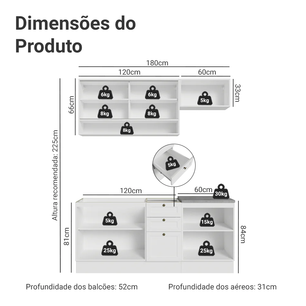 Armário de Cozinha Completa 180 cm Branco Vik Madesa 05 - Image 3