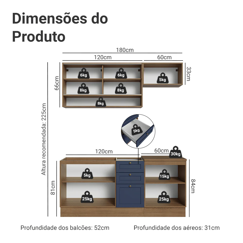 Armário de Cozinha Completa 180 cm Rustic/Azul Vik Madesa 05 - Image 3