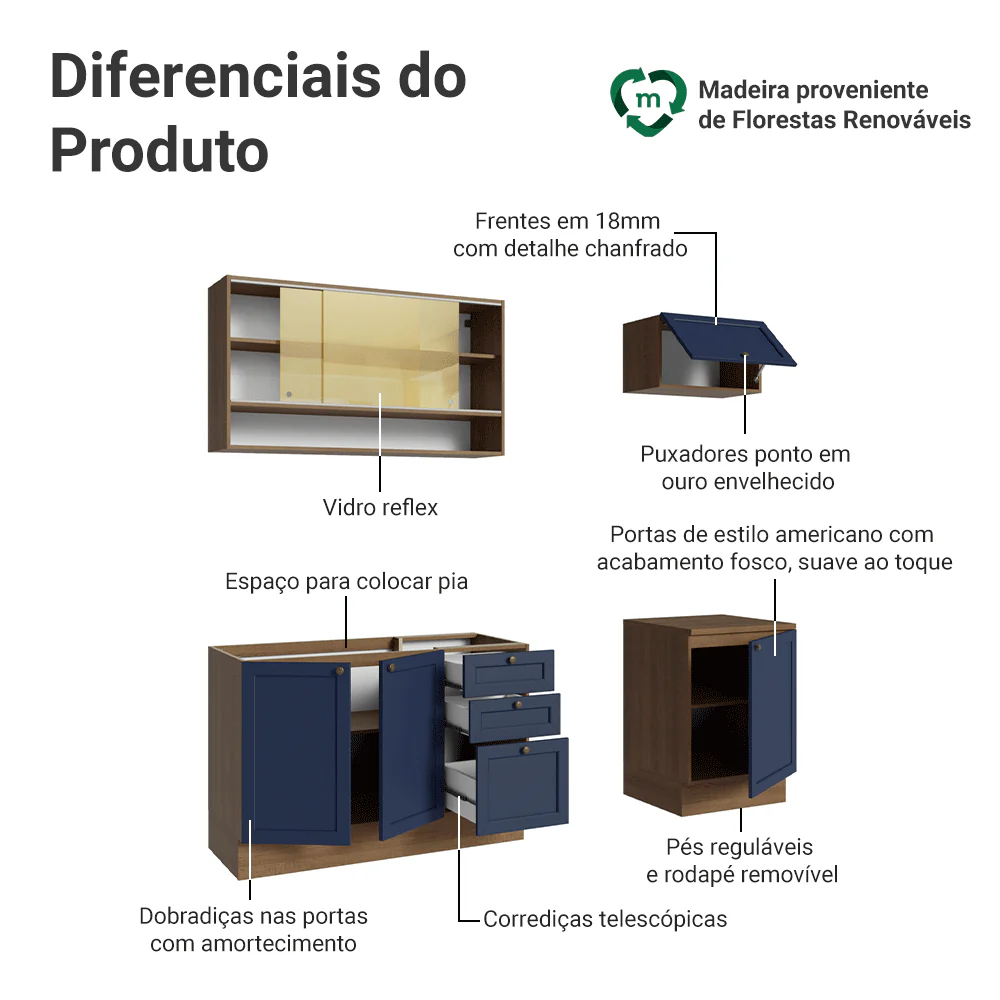 Armário de Cozinha Completa 180 cm Rustic/Azul Vik Madesa 05 - Image 4