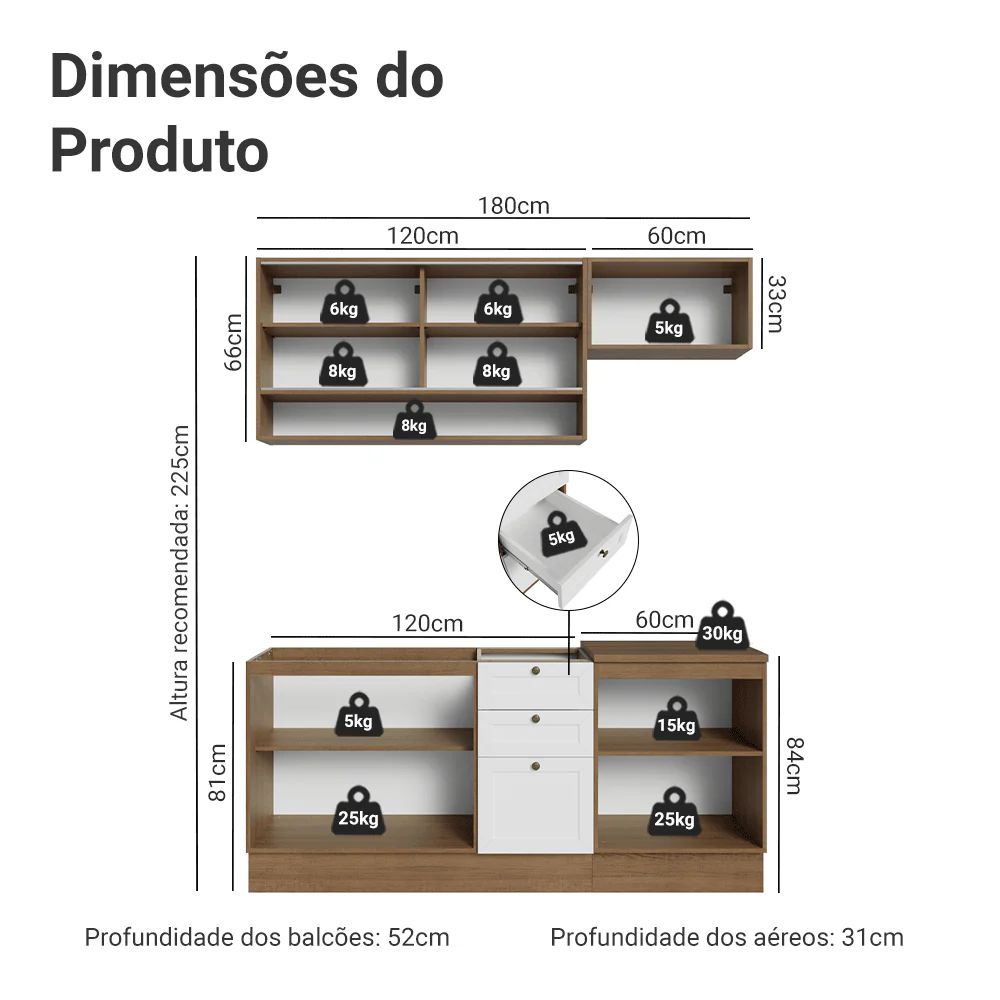 Armário de Cozinha Completa 180 cm Rustic/Branco Vik Madesa 05 - Image 3