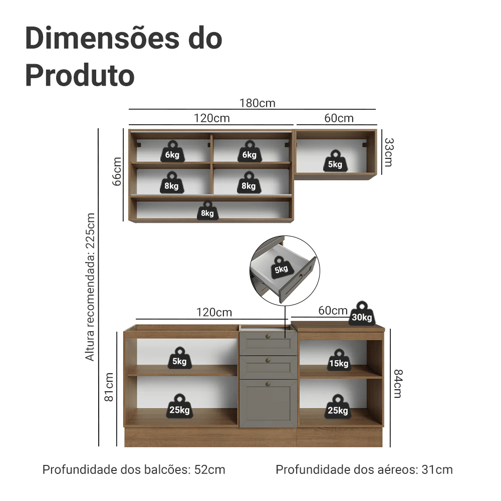 Armário de Cozinha Completa 180 cm Rustic/Cinza Vik Madesa 05 - Image 3