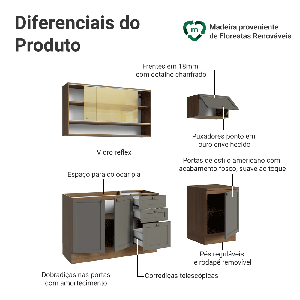 Armário de Cozinha Completa 180 cm Rustic/Cinza Vik Madesa 05 - Image 4
