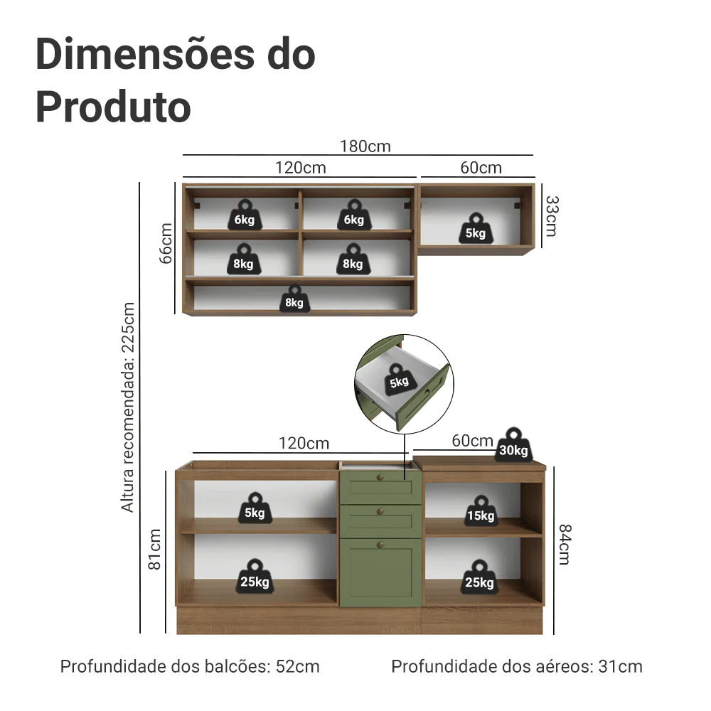 Armário de Cozinha Completa 180 cm Rustic/Verde Vik Madesa 05 - Image 3