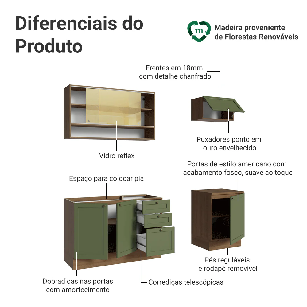 Armário de Cozinha Completa 180 cm Rustic/Verde Vik Madesa 05 - Image 4
