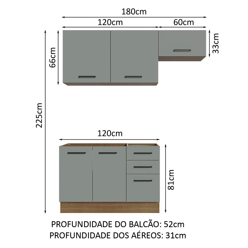 Armário de  Cozinha Compacta 180cm Rustic/Cinza Agata Madesa 09 - Image 3
